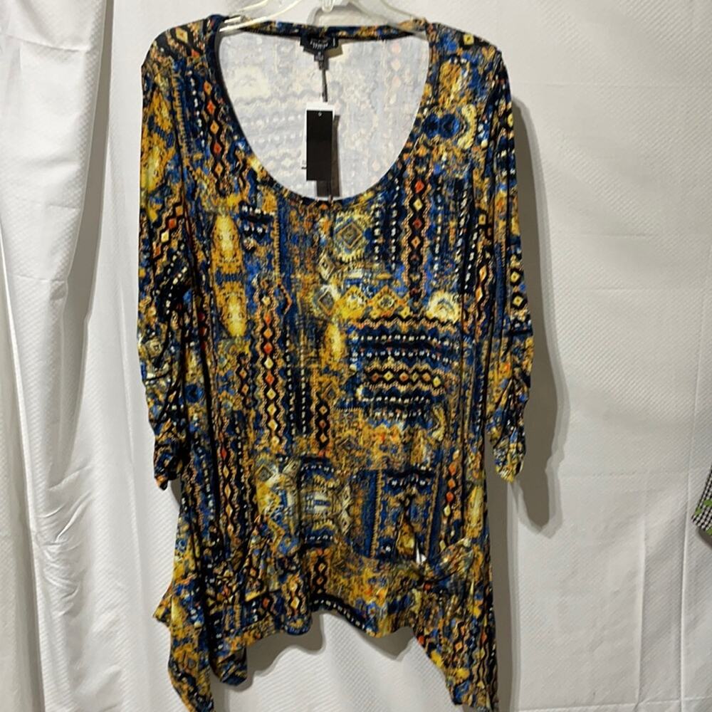 Premise 1x asymmetrical hemline scoop neck blue golden black NWT